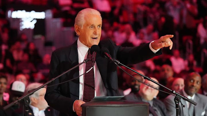 Miami Heat president Riley addresses the crowd during the Pat Riley Court dedication ceremony at halftime at Kaseya Center. Miami Heat president Riley addresses the crowd during the Pat Riley Court dedication ceremony at halftime at Kaseya Center.