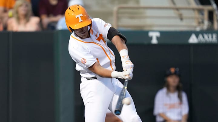 Tennessee infielder Dean Curley (1) hits a home run during a NCAA baseball game between Tennessee and Kentucky at Lindsey Nelson Stadium in Knoxville, Tenn., on April 18, 2025.