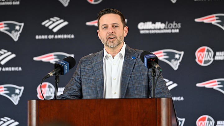 Mar 13, 2025; Foxborough, MA, USA; New England Patriots executive vice president of player personnel Eliot Wolf discusses the teamís recent free agent additions with the media at Gillette Stadium. Mandatory Credit: Eric Canha-Imagn Images Mar 13, 2025; Foxborough, MA, USA; New England Patriots executive vice president of player personnel Eliot Wolf discusses the teamís recent free agent additions with the media at Gillette Stadium. Mandatory Credit: Eric Canha-Imagn Images