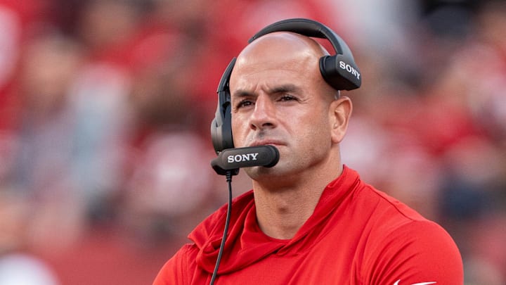 August 23, 2025; Santa Clara, California, USA; San Francisco 49ers defensive coordinator Robert Saleh before the game against the Los Angeles Chargers at Levi's Stadium. Mandatory Credit: Kyle Terada-Imagn Images