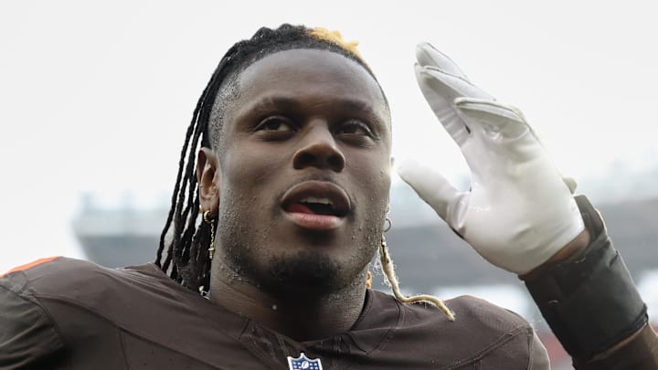 Dec 7, 2025; Cleveland, Ohio, USA; Cleveland Browns tight end David Njoku (85) walks off the field after the game against the Tennessee Titans at Huntington Bank Field. Mandatory Credit: Scott Galvin-Imagn Images