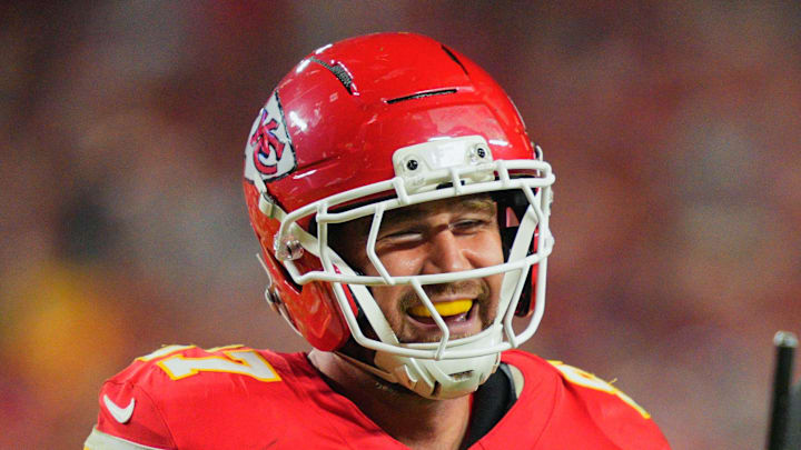 Oct 27, 2025; Kansas City, Missouri, USA; Kansas City Chiefs tight end Travis Kelce (87) celebrates after scoring a touchdown against the Washington Commanders during the third quarter of the game at GEHA Field at Arrowhead Stadium. Mandatory Credit: Jay Biggerstaff-Imagn Images