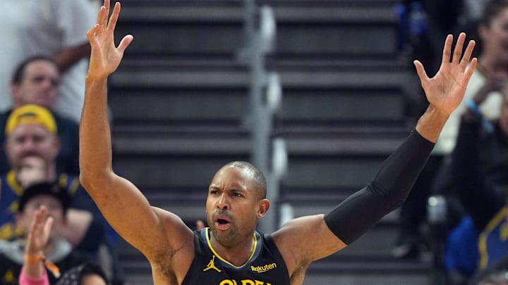Jan 2, 2026; San Francisco, California, USA; Golden State Warriors center Al Horford (20) reacts after being called for a foul during the first quarter against the Oklahoma City Thunder at Chase Center. Mandatory Credit: Darren Yamashita-Imagn Images