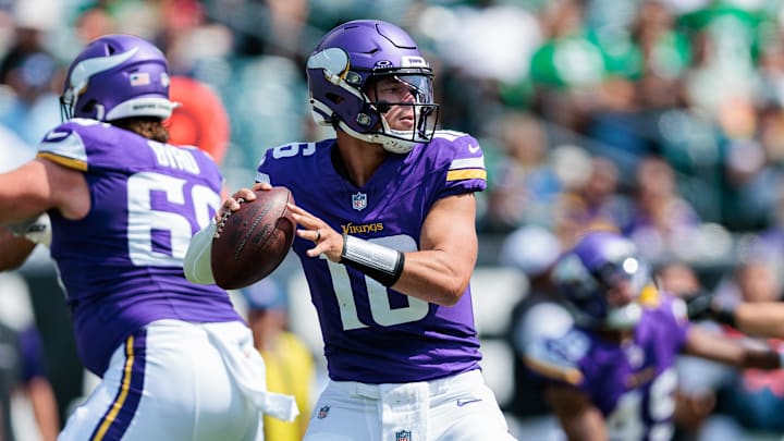 Aug 24, 2024; Philadelphia, Pennsylvania, USA; Minnesota Vikings quarterback Jaren Hall (16) throws against the Philadelphia Eagles during the second quarter at Lincoln Financial Field. Mandatory Credit: Caean Couto-Imagn Images Aug 24, 2024; Philadelphia, Pennsylvania, USA; Minnesota Vikings quarterback Jaren Hall (16) throws against the Philadelphia Eagles during the second quarter at Lincoln Financial Field. Mandatory Credit: Caean Couto-Imagn Images