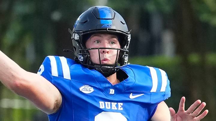 Sep 19, 2026; Durham, North Carolina, USA;  Duke Blue Devils quarterback Walker Eget (2) throws the ball against the Stanford Cardinal during the first half at Wallace Wade Stadium.  Mandatory Credit: James Guillory-Imagn Images