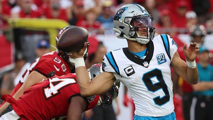 Dec 29, 2024; Tampa, Florida, USA; Carolina Panthers quarterback Bryce Young (9) throws the ball against the Tampa Bay Buccaneers during the second half at Raymond James Stadium. Mandatory Credit: Kim Klement Neitzel-Imagn Images