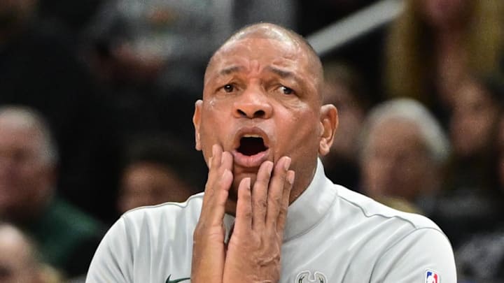 Milwaukee Bucks head coach Doc Rivers reacts in the second quarter against the Golden State Warriors at Fiserv Forum on October 30, 2025.
