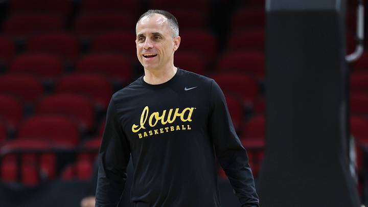 Mar 25, 2026; Houston, TX, USA; Iowa Hawkeyes head coach Ben McCollum during a practice session ahead of the south regional of the men's 2026 NCAA Tournament at Toyota Center. Mandatory Credit: Troy Taormina-Imagn Images