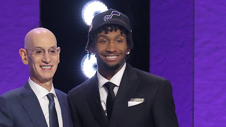 Jun 23, 2026; New York, NY, USA; NBA commissioner Adam Silver greets the second pick in the 2026 NBA draft, Kansas guard Darryn Peterson after he was selected by the Utah Jazz at Barclays Center. Mandatory Credit: Brad Penner-Imagn Images