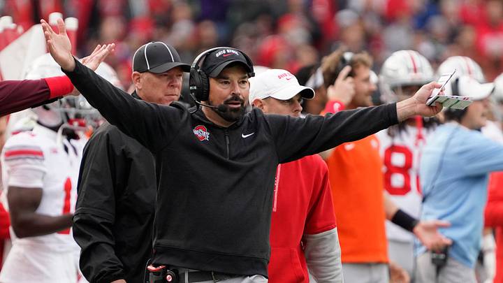 Nov 16, 2024; Chicago, Illinois, USA; Ohio State Buckeyes head coach Ryan Day gestures to the officials against the Northwestern Wildcats during the second half at Wrigley Field. Mandatory Credit: David Banks-Imagn Images Nov 16, 2024; Chicago, Illinois, USA; Ohio State Buckeyes head coach Ryan Day gestures to the officials against the Northwestern Wildcats during the second half at Wrigley Field. Mandatory Credit: David Banks-Imagn Images