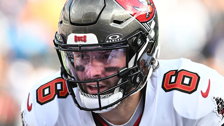 Dec 21, 2025; Charlotte, North Carolina, USA; Tampa Bay Buccaneers quarterback Baker Mayfield (6) at the line of scrimmage in the third quarter at Bank of America Stadium. Mandatory Credit: Bob Donnan-Imagn Images