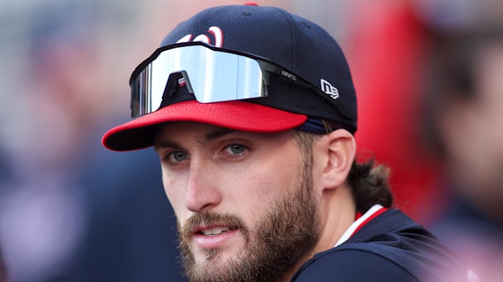 Washington Nationals right fielder Dylan Crews (3) in the dugout before a game against the Atlanta Braves at Truist Park on May 12. 