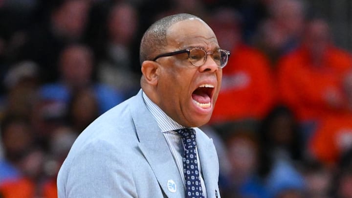 Feb 21, 2026; Syracuse, New York, USA; North Carolina Tar Heels head coach Hubert Davis reacts during the second half against the Syracuse Orange at the JMA Wireless Dome. Mandatory Credit: Rich Barnes-Imagn Images