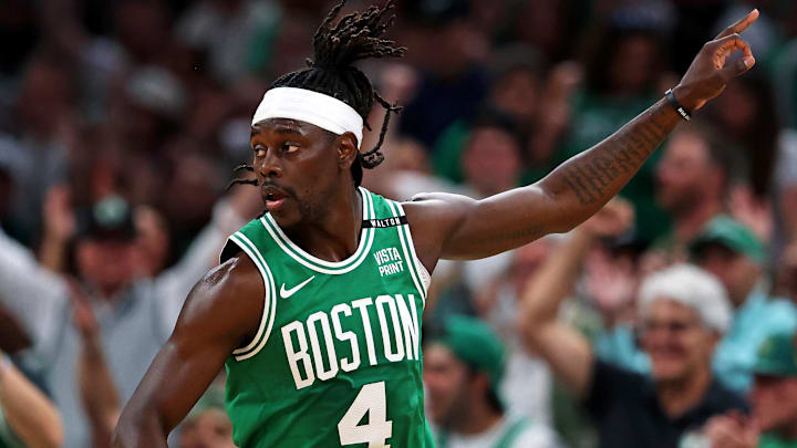 Jun 17, 2024; Boston, Massachusetts, USA; Boston Celtics guard Jrue Holiday (4) celebrates after making a thee pointer against the Dallas Mavericks in game five of the 2024 NBA Finals at TD Garden. Mandatory Credit: Peter Casey-Imagn Images Jun 17, 2024; Boston, Massachusetts, USA; Boston Celtics guard Jrue Holiday (4) celebrates after making a thee pointer against the Dallas Mavericks in game five of the 2024 NBA Finals at TD Garden. Mandatory Credit: Peter Casey-Imagn Images