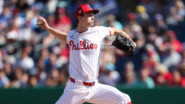 Feb 25, 2024; Clearwater, Florida, USA;  Philadelphia Phillies pitcher Mick Abel (74) throws a pitch against the New York Yankees in the sixth inning  at BayCare Ballpark. 