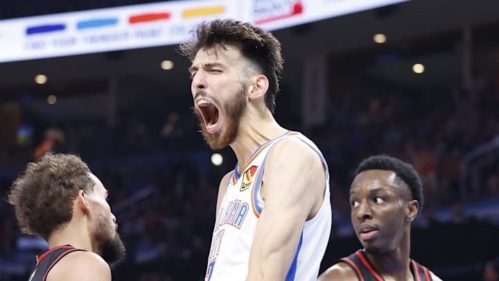 Oct 27, 2024; Oklahoma City, Oklahoma, USA; Oklahoma City Thunder forward Chet Holmgren (7) celebrates after dunking against the Atlanta Hawks during the second half at Paycom Center. Mandatory Credit: Alonzo Adams-Imagn Images Oct 27, 2024; Oklahoma City, Oklahoma, USA; Oklahoma City Thunder forward Chet Holmgren (7) celebrates after dunking against the Atlanta Hawks during the second half at Paycom Center. Mandatory Credit: Alonzo Adams-Imagn Images