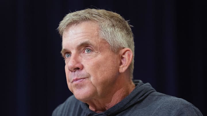 Feb 24, 2026; Indianapolis, IN, USA; Denver Broncos coach Sean Payton speaks at the NFL Scouting Combine at the Indiana Convention Center. Mandatory Credit: Kirby Lee-Imagn Images