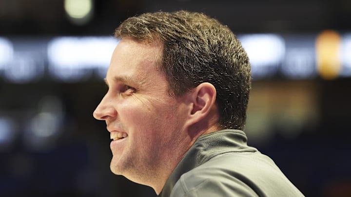 Jan 24, 2026; Pittsburgh, Pennsylvania, USA;  NC State Wolfpack head coach Will Wade reacts on the court against the Pittsburgh Panthers during the second half at the Petersen Events Center. Mandatory Credit: Charles LeClaire-Imagn Images
