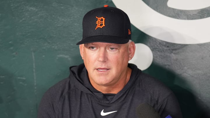 Jul 19, 2025; Arlington, Texas, USA; Detroit Tigers manager A.J. Hinch speaks to members of the media before the game against the Texas Rangers at Globe Life Field. 