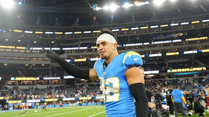 Nov 17, 2024; Inglewood, California, USA; Los Angeles Chargers safety Alohi Gilman (32) celebrates at the end of the game against the Cincinnati Bengals at SoFi Stadium. Mandatory Credit: Kirby Lee-Imagn Images