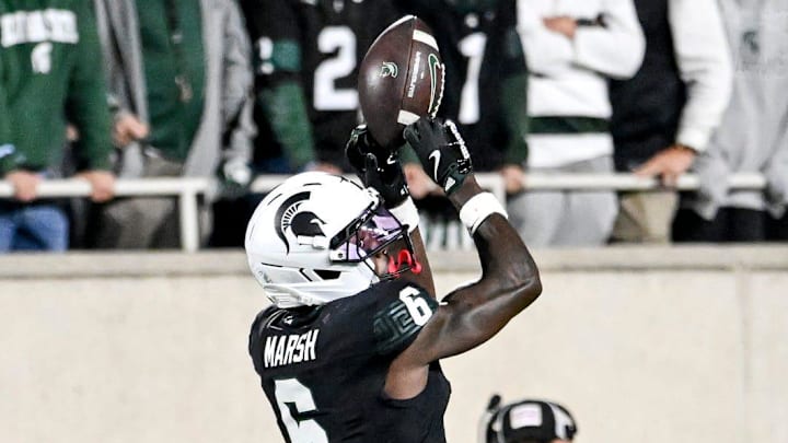 Michigan State's Nick Marsh, right, catches a pass against Boston College during the fourth quarter on Saturday, Sept. 6, 2025, at Spartan Stadium in East Lansing.