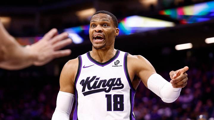 Nov 30, 2025; Sacramento, California, USA; Sacramento Kings guard Russell Westbrook (18) reacts towards the referee after a play against the Memphis Grizzlies during the fourth quarter at Golden 1 Center. Nov 30, 2025; Sacramento, California, USA; Sacramento Kings guard Russell Westbrook (18) reacts towards the referee after a play against the Memphis Grizzlies during the fourth quarter at Golden 1 Center.