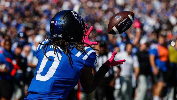 Oct 18, 2025; Durham, North Carolina, USA; Duke Blue Devils tight end Landen King (0) catches the ball and celebrates a touchdown during the first half of the game against Georgia Tech Yellow Jackets at Wallace Wade Stadium. Mandatory Credit: Jaylynn Nash-Imagn Images Oct 18, 2025; Durham, North Carolina, USA; Duke Blue Devils tight end Landen King (0) catches the ball and celebrates a touchdown during the first half of the game against Georgia Tech Yellow Jackets at Wallace Wade Stadium. Mandatory Credit: Jaylynn Nash-Imagn Images