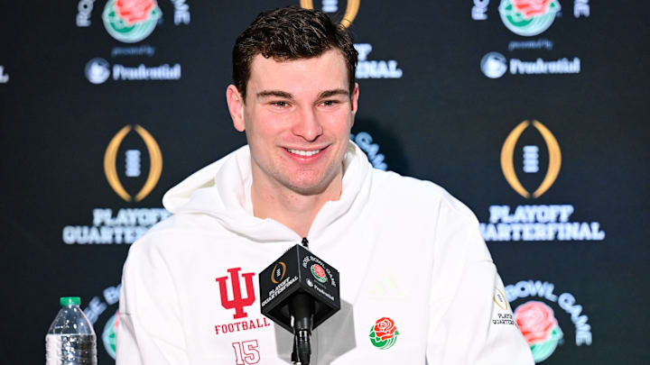 Indiana football quarterback Fernando Mendoza speaks to reporters Dec. 30, 2025, at the Sheraton Grand hotel in Los Angeles.