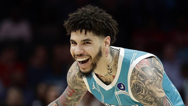 Mar 19, 2026; Charlotte, North Carolina, USA; Charlotte Hornets guard LaMelo Ball (1) smiles as he dribbles the ball during the first quarter against the Orlando Magic at Spectrum Center. Mandatory Credit: Brian Westerholt-Imagn Images