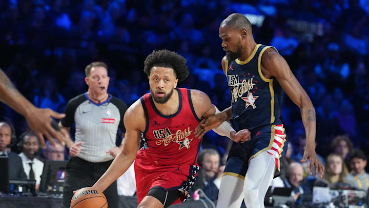 Team USA Stars guard Cade Cunningham (2) of the Detroit Pistons drives the ball against Team USA Stripes forward Kevin Durant (7) of the Houston Rockets in game two during the 75th NBA All Star Game at Intuit Dome on Feb 15, 2026.