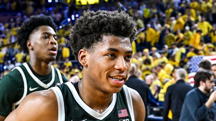 Michigan State's Jeremy Fears Jr. leaves the court after the Spartans loss to Michigan on Sunday, March 8, 2026, at the Crisler Center in Ann Arbor. Michigan State's Jeremy Fears Jr. leaves the court after the Spartans loss to Michigan on Sunday, March 8, 2026, at the Crisler Center in Ann Arbor.