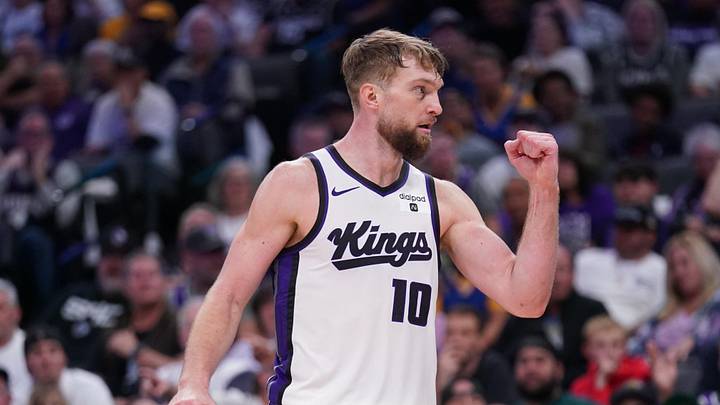 Apr 16, 2024; Sacramento, California, USA; Sacramento Kings forward Domantas Sabonis (10) pumps his fist after the Kings made a basket against the Golden State Warriors in the fourth quarter during a play-in game of the 2024 NBA playoffs at the Golden 1 Center. Apr 16, 2024; Sacramento, California, USA; Sacramento Kings forward Domantas Sabonis (10) pumps his fist after the Kings made a basket against the Golden State Warriors in the fourth quarter during a play-in game of the 2024 NBA playoffs at the Golden 1 Center.
