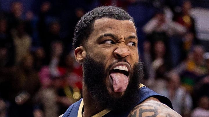 Jan 14, 2026; New Orleans, Louisiana, USA;  New Orleans Pelicans guard/forward Saddiq Bey (41) reacts to making a game leading dunk against the New Orleans Pelicans during the second half at Smoothie King Center. Mandatory Credit: Stephen Lew-Imagn Images