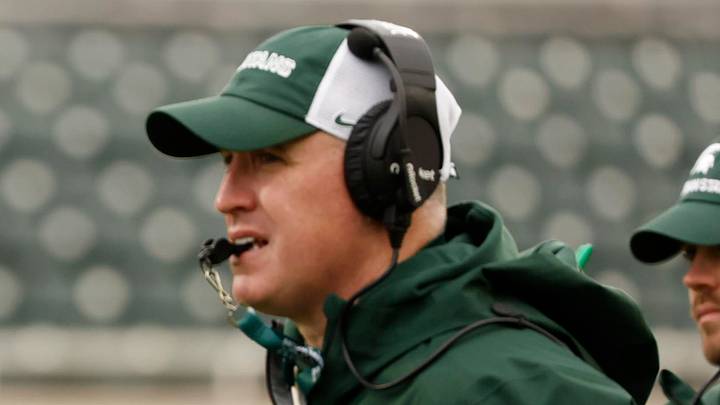 April 18, 2026; East Lansing, Mich.; Michigan State Spartans head coach Pat Fitzgerald gets his whistle ready during the "Spring Showcase" at Spartan Stadium. April 18, 2026; East Lansing, Mich.; Michigan State Spartans head coach Pat Fitzgerald gets his whistle ready during the "Spring Showcase" at Spartan Stadium.
