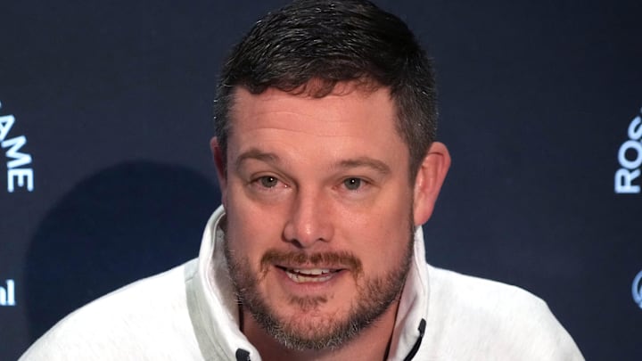Dec 30, 2024; Los Angeles, CA, USA; Oregon Ducks head coach Dan Lanning during Rose Bowl media day at Sheraton Grand LA. Mandatory Credit: Kirby Lee-Imagn Images Dec 30, 2024; Los Angeles, CA, USA; Oregon Ducks head coach Dan Lanning during Rose Bowl media day at Sheraton Grand LA. Mandatory Credit: Kirby Lee-Imagn Images