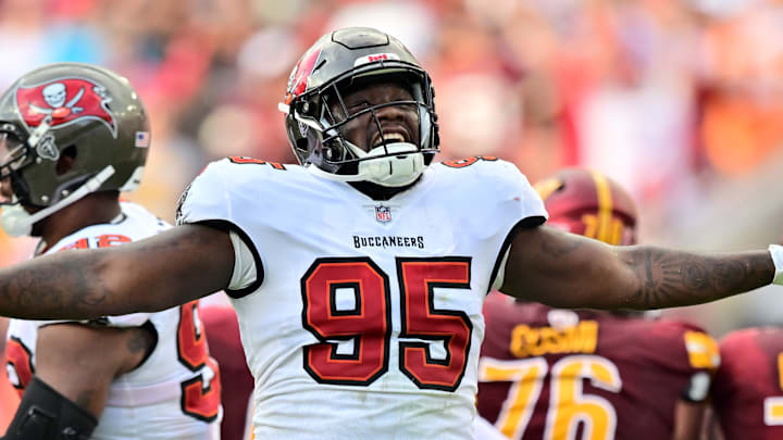 TAMPA, FLORIDA - SEPTEMBER 08: C.J. Brewer #95 of the Tampa Bay Buccaneers reacts after a missed field goal attempt in the third quarter of the game against the Washington Commanders at Raymond James Stadium on September 08, 2024 in Tampa, Florida. TAMPA, FLORIDA - SEPTEMBER 08: C.J. Brewer #95 of the Tampa Bay Buccaneers reacts after a missed field goal attempt in the third quarter of the game against the Washington Commanders at Raymond James Stadium on September 08, 2024 in Tampa, Florida.