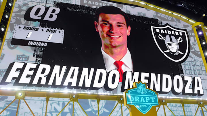 Apr 23, 2026; Pittsburgh, PA, USA; Indiana Hoosiers quarterback Fernando Mendoza is selected by the Las Vegas Raiders as the number one pick during the 2026 NFL Draft at Acrisure Stadium. Mandatory Credit: Kirby Lee-Imagn Images