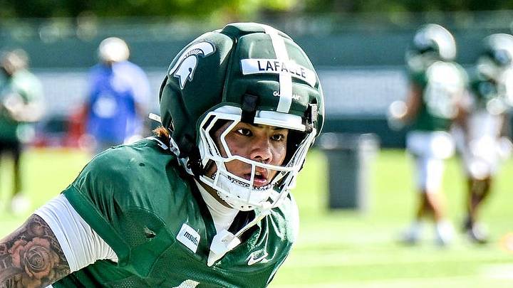 Michigan State edge rusher Anelu Lafaele runs a drill during football practice on Monday, Aug. 17, 2026, in East Lansing. Michigan State edge rusher Anelu Lafaele runs a drill during football practice on Monday, Aug. 17, 2026, in East Lansing.