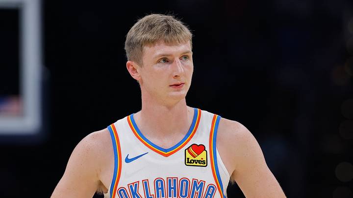 Oct 13, 2026; Oklahoma City, Oklahoma, USA; Oklahoma City Thunder guard Josh Dix (21) stands on the court during the second half against the Indiana Pacers at Paycom Center. Mandatory Credit: Alonzo Adams-Imagn Images