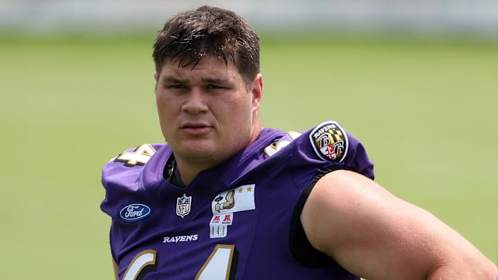 Jun 10, 2025; Baltimore, MD, USA; Baltimore Ravens center Tyler Linderbaum (64) looks on during an NFL OTA at Under Armour Performance Center. Mandatory Credit: Daniel Kucin Jr.-Imagn Images