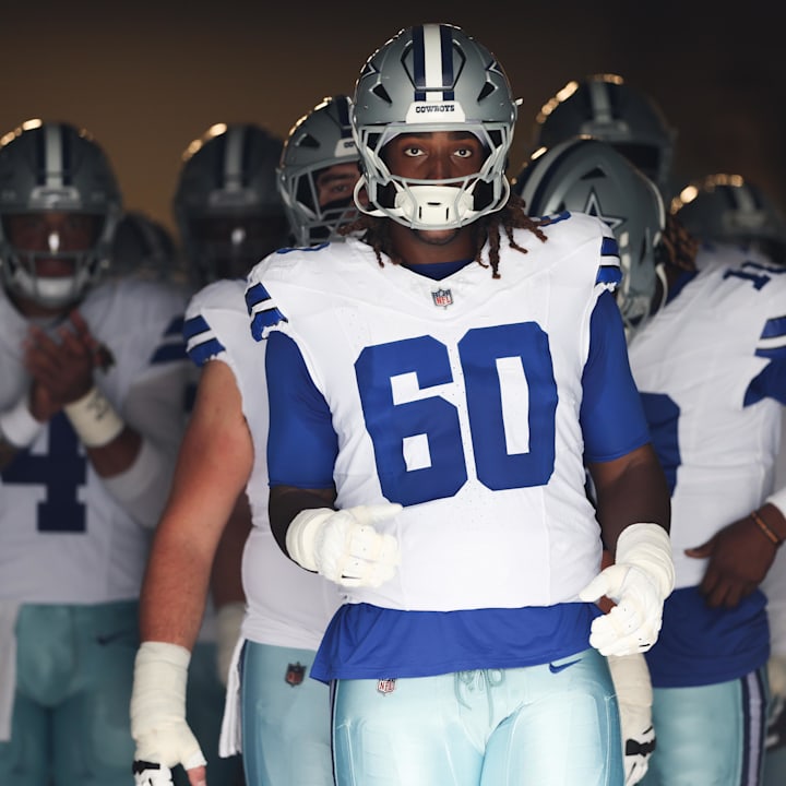 Dallas Cowboys offensive tackle Tyler Guyton prepares to enter the field prior to the game against the Carolina Panthers