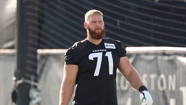 Jul 30, 2026; Houston, Texas, USA;  Houston Texans offensive tackle Braden Smith (71) during training camp at Houston Methodist Training Center. Mandatory Credit: Troy Taormina-Imagn Images