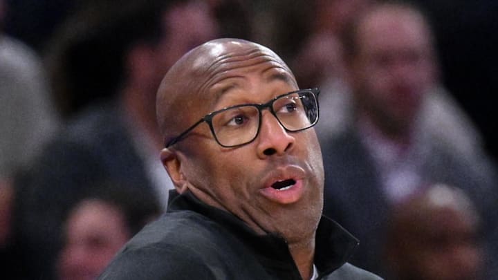 New York Knicks head coach Mike Brown reacts during the first half against the Minnesota Timberwolves. New York Knicks head coach Mike Brown reacts during the first half against the Minnesota Timberwolves.