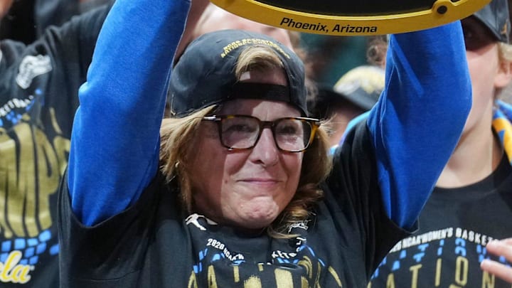 UCLA Bruins head coach Cori Close celebrates their 79-51 win over the South Carolina Gamecocks to claim the NCAA women's basketball national championship at Mortgage Matchup Center in Phoenix on April 5, 2026.