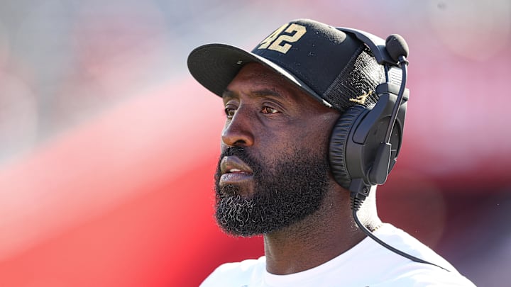 Oct 19, 2024; Piscataway, New Jersey, USA; UCLA Bruins head coach DeShaun Foster reacts during the second half against the Rutgers Scarlet Knights at SHI Stadium. Mandatory Credit: Vincent Carchietta-Imagn Images