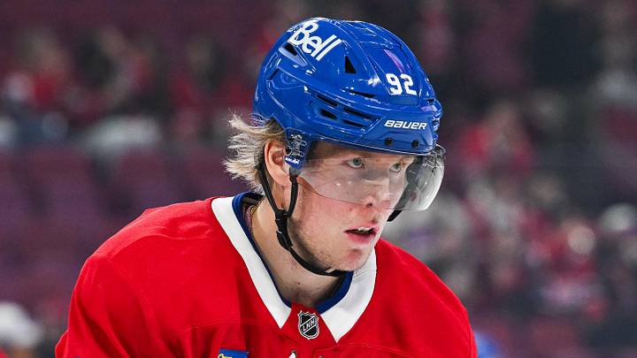 Oct 16, 2025; Montreal, Quebec, CAN; Montreal Canadiens right wing Patrik Laine (92) looks on during warm-up before the game against the Nashville Predators at Bell Centre. Mandatory Credit: David Kirouac-Imagn Images