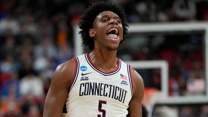 Mar 21, 2025; Raleigh, NC, USA;  Connecticut Huskies center Tarris Reed Jr. (5) reacts during the first half against the Oklahoma Sooners at Lenovo Center. Mandatory Credit: Bob Donnan-Imagn Images
