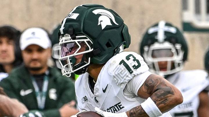 Michigan State's Chrishon McCray runs after a catch during the football Spring Showcase on Saturday, April 18, 2026, at Spartan Stadium in East Lansing.