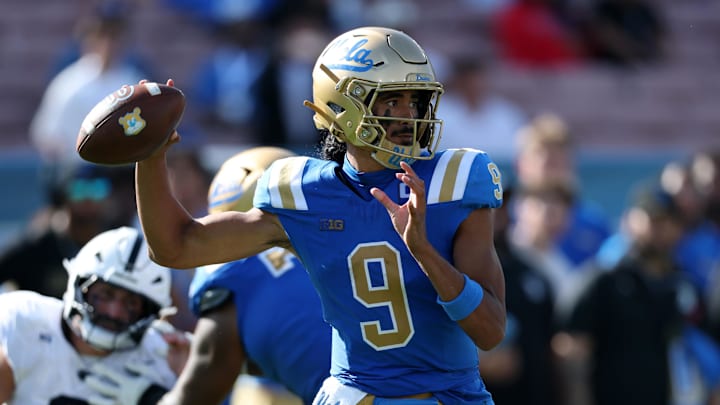 Oct 4, 2025; Pasadena, California, USA;  UCLA Bruins quarterback Nico Iamaleava (9) drops back to pass during the fourth quarter against the Penn State Nittany Lions at Rose Bowl. Mandatory Credit: Kiyoshi Mio-Imagn Images