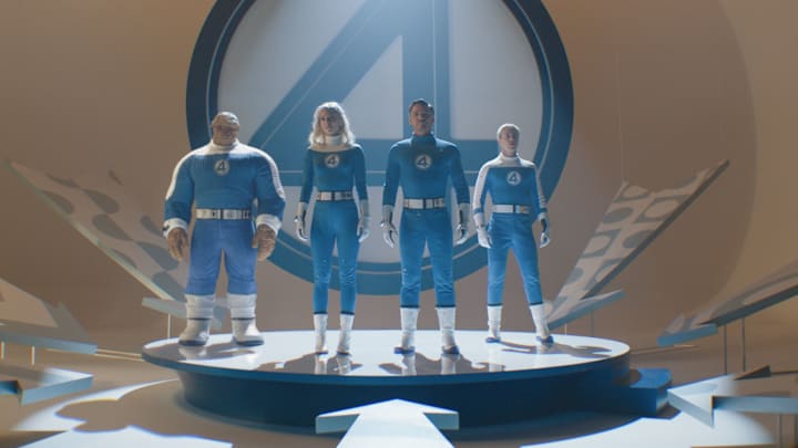 (L-R): Ebon Moss-Bachrach as Ben Grimm/The Thing, Vanessa Kirby as Sue Storm/Invisible Woman, Pedro Pascal as Reed Richards/Mister Fantastic and Joseph Quinn as Johnny Storm/Human Torch in 20th Century Studios/Marvel Studios' THE FANTASTIC FOUR: FIRST STEPS. Photo courtesy of 20th Century Studios/Marvel Studios. © 2025 20th Century Studios / © and ™ 2025 MARVEL.